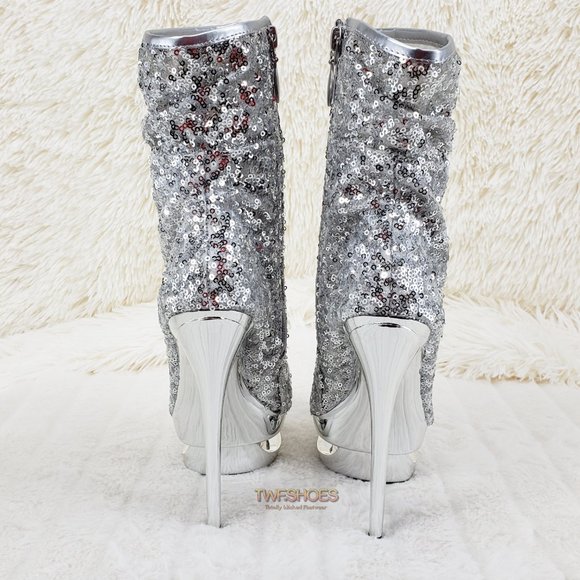 Blondie Luxurious Silver Sequin Slouchy Shaft High Heel Ankle Boots 1008 - Picture 9 of 13